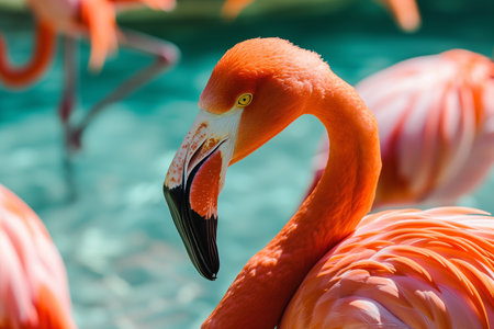 A closeup of a flamingo in the seaの素材