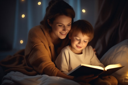 Mom reads a book to her little child, sitting on the sofa and covered with a blanket, lamp lightの素材