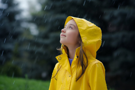 a little girl in a yellow raincoat rejoices while standing in the spring rainの素材