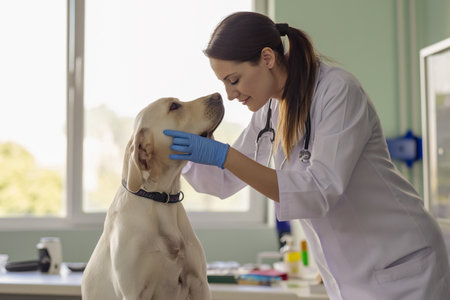 caring woman veterinarian examines a dog at an appointmentの素材