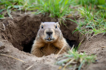 cute groundhog crawled out of his hole, groundhog dayの素材