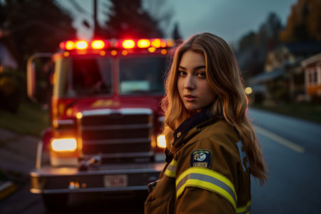 Portrait of a confident female firefighter standing with a fire truck in the backgroundの素材