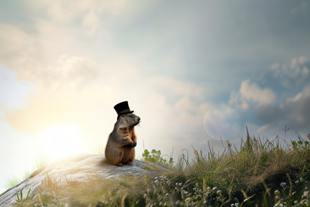 groundhog on the hill in a black top hat, groundhog dayの素材