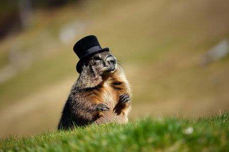 groundhog on the hill in a black top hat, groundhog dayの素材