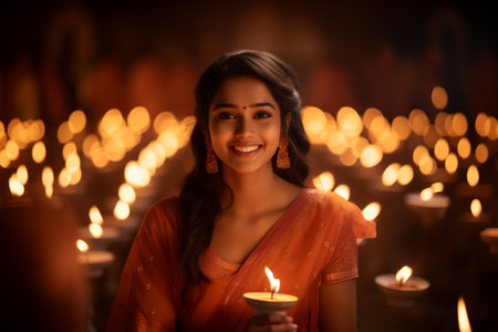 Beautiful Indian woman with diwali diya on blurred backgroundの素材