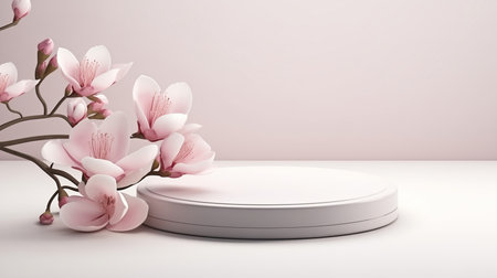 Minimalistic white podium mockup with magnolia flowers on light background for product presentationの素材