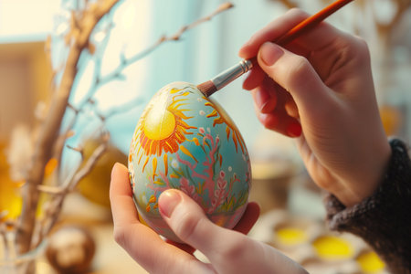 hand with a brush paints an Easter eggの素材