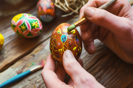 hand with a brush paints an Easter eggの素材
