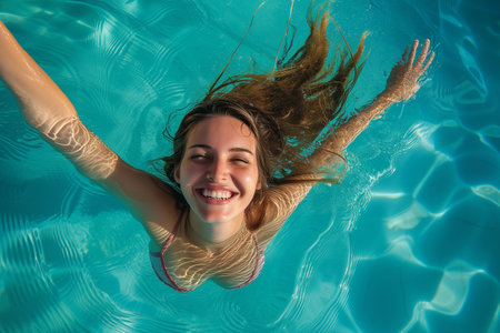 portrait of a satisfied woman enjoying swimming in the seaの素材