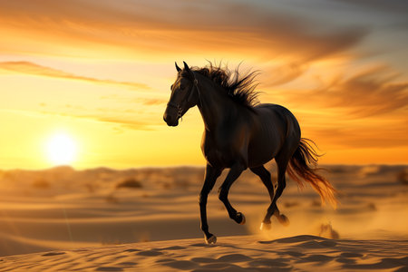 a graceful black horse gallops through the desert at sunsetの素材