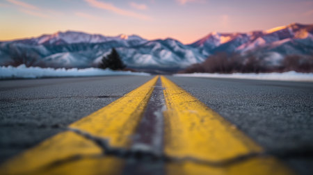 yellow dividing stripes on the highway stretching into the horizonの素材