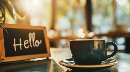 Coffee cup on wooden table in coffee shop, stock photoの素材