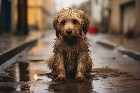 Cute little dog sitting in a puddle and looking at cameraの素材
