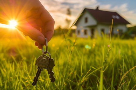 Hand holding house key with green grass background. Real estate concept.の素材