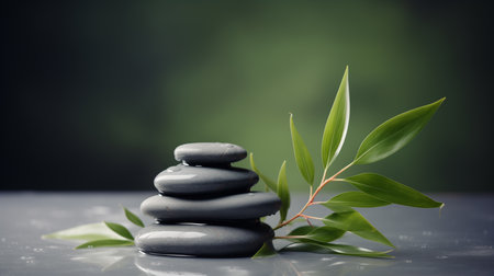 zen basalt stones and green bamboo on gray background, spa conceptの素材