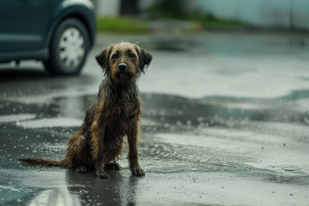 Homeless dog sitting on a wet street after rain. Selective focusの素材