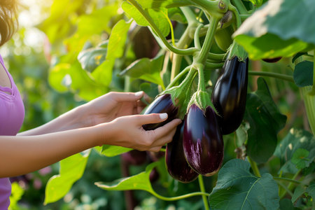 Close-up of a young woman's hand harvesting eggplants in the gardenの素材