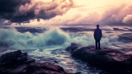 Man standing on rock and looking at the sea at sunset. 3D Renderingの素材
