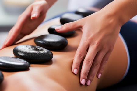 Close-up of female hands massaging hot stone in spa salonの素材