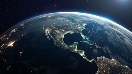 North America from space with visible country borders. 3D illustration.の素材