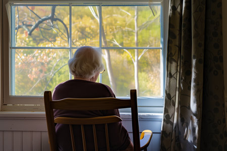An elderly woman in a nursing home sits in a chair by the window and waits for guestsの素材