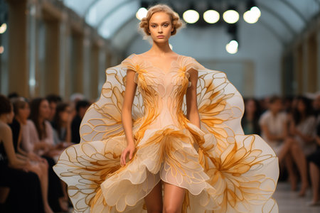 Model walks down the runway in a designer dress at a fashion showの素材