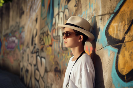 boy in a hat and sunglasses against the background of a graffiti wallの素材