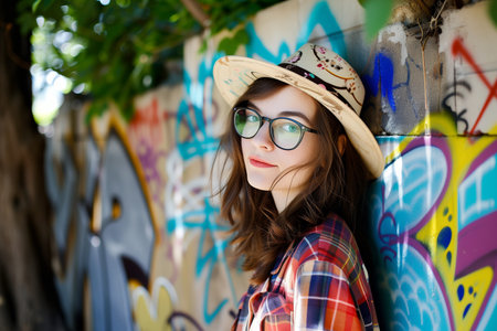 Portrait of a beautiful young girl in a hat and glasses on a background of graffitiの素材