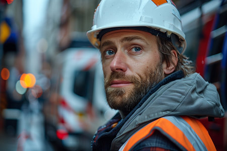 portrait of a worker in an orange helmet and a reflective vest on the background of the city streetの素材