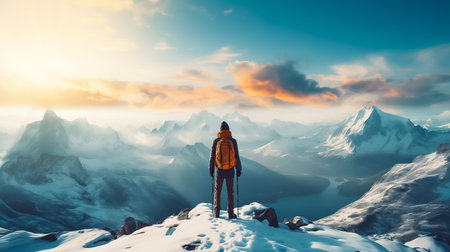 Hiker standing on top of a mountain and looking at the beautiful landscapeの素材