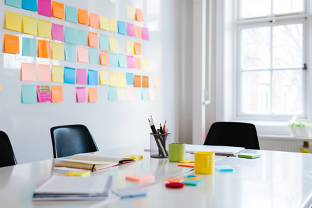 Office interior with many stickers on the wall, the need to perform many tasksの素材