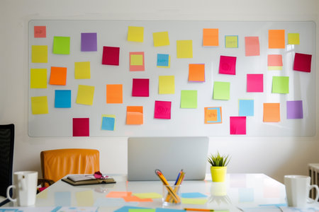 Office interior with many stickers on the wall, the need to perform many tasksの素材