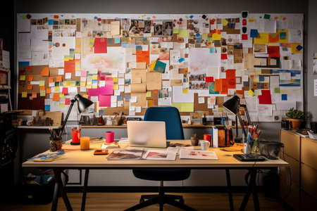 Office interior with many stickers on the wall, the need to perform many tasksの素材