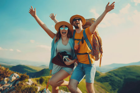 happy couple of travelers with backpacks in the mountainsの素材