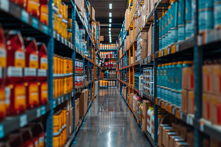 Rows of shelves with various products, selective focusの素材