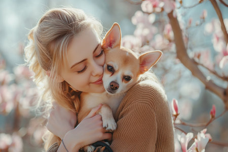 beautiful young girl with her chihuahua in the spring parkの素材