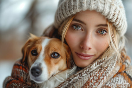 Portrait of beautiful young woman with dog in warm clothesの素材