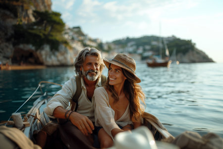 Happy couple sitting on a boat in the sea on a sunny dayの素材