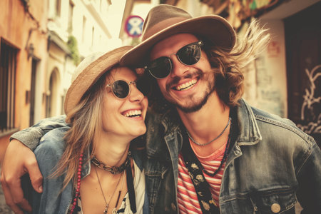 Portrait of a young couple on vacation against the background of an ancient European townの素材