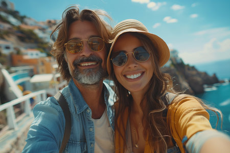 Cheerful beautiful middle aged couple taking selfie on vacationの素材