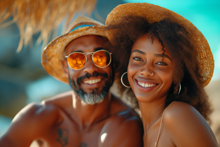Happy african american couple in straw hats on the beachの素材