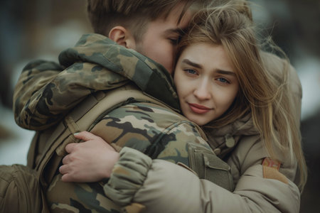 A young sad girl hugs her military boyfriend and sees him off to warの素材