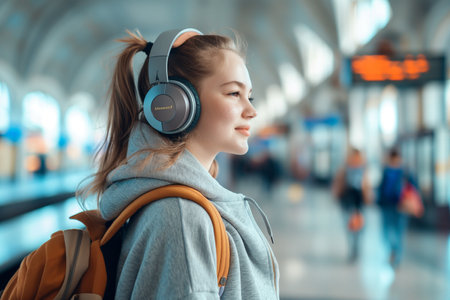 young girl in headphones listens to music and waits for the train at the stationの素材