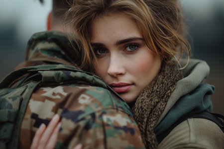 A young sad girl hugs her military boyfriend and sees him off to warの素材
