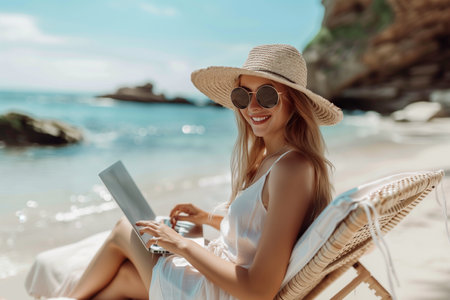 Beautiful young woman in straw hat and sunglasses using laptop while sitting on the beachの素材