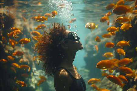 A female scuba diver swims underwater among many exotic fishの素材