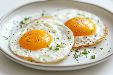 two fried eggs on a plate on a white background, top viewの素材