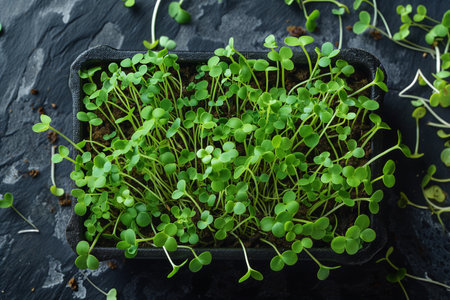 thin sprouts of microgreens in a pot on a yuet background, healthy eating concept, top viewの素材