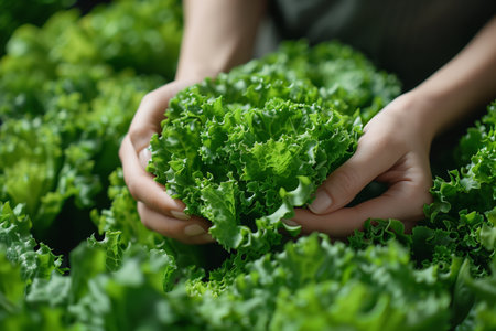 female hands collect juicy lettuce leaves, close up, healthy eating conceptの素材