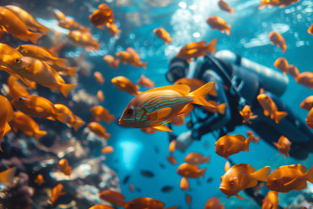 a flock of yellow exotic fish swims in the ocean, a scuba diver is in the backgroundの素材